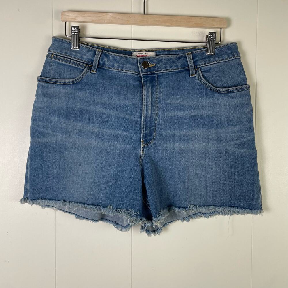 Wrangler “4” frayed short”‎ denim cutoffs Jean raw hem stretch mid high rise